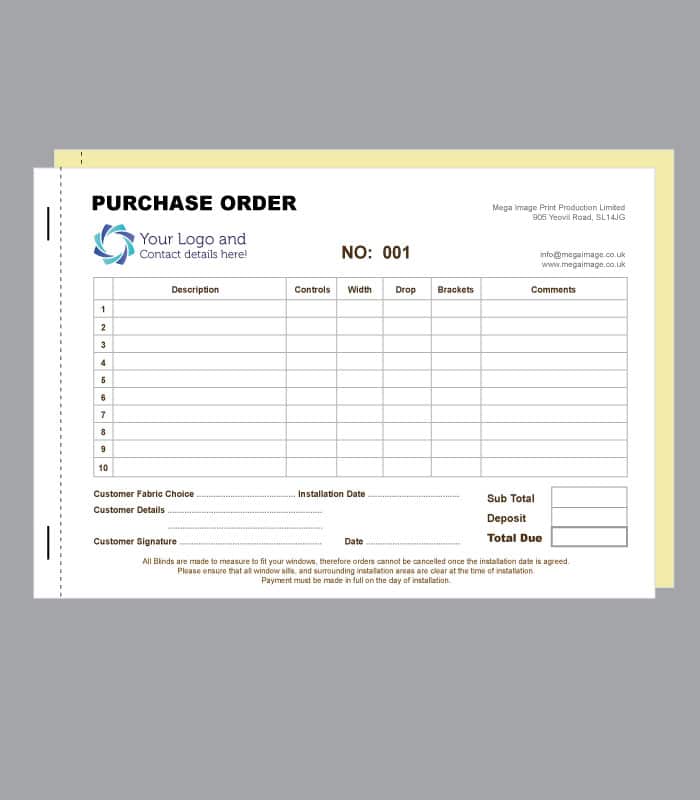 Blinds Purchase Order Form