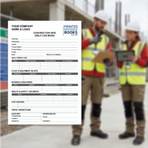 Custom printed Construction Site Daily Log Book showing daily work log, plant equipment, and H&S sections with company logo placeholder.