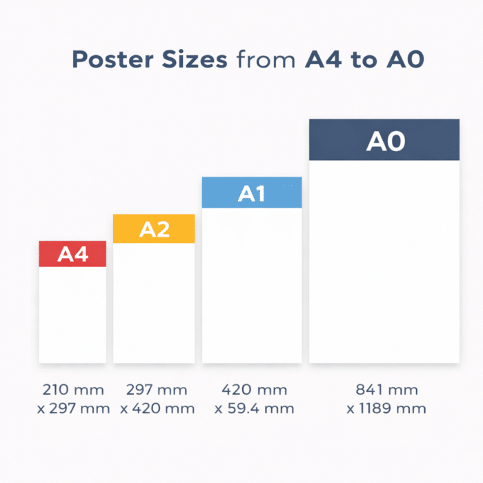 Poster size guide showing A4, A3, A2, A1 and A0 dimensions in millimetres