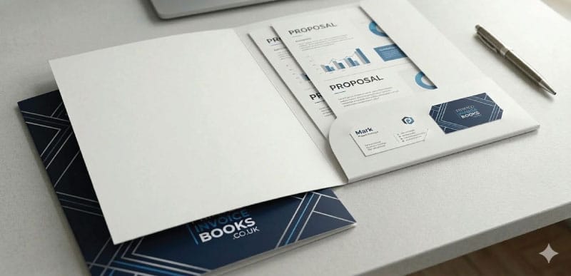 Custom 400gsm presentation folders with glued white pocket and business card slots printed in the UK