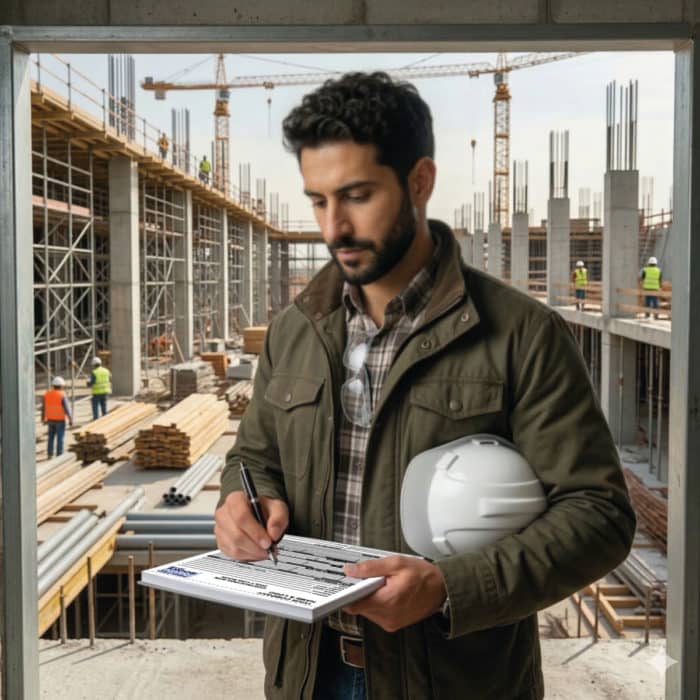 Site manager filling out a custom construction site daily log book on an active building site.