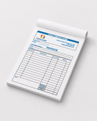 Personalised NCR invoice book printed with a business logo and details