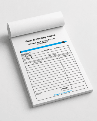 Personalised receipt book printed with custom business branding