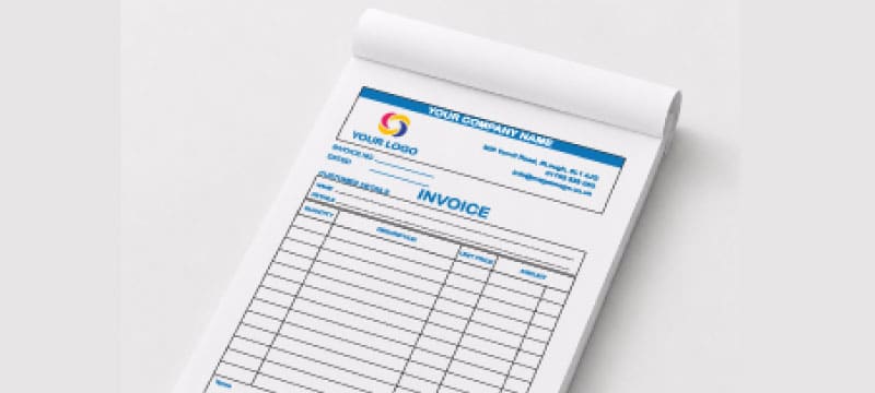 Personalised NCR invoice pad printed with company logo and details